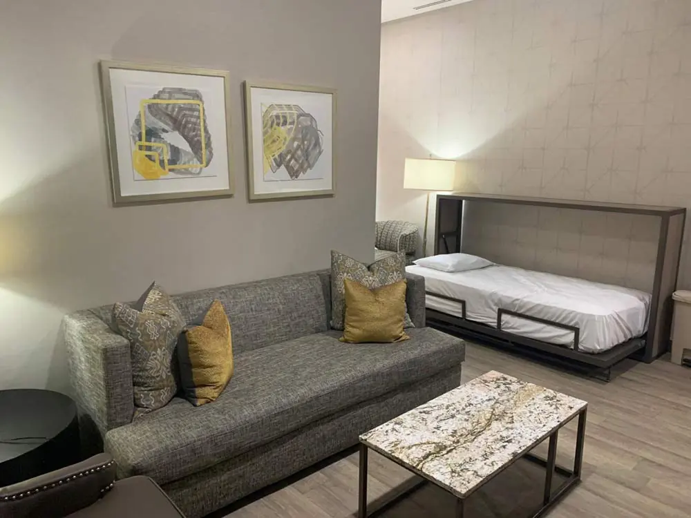 Sitting area with a fold-down bed for a companion
